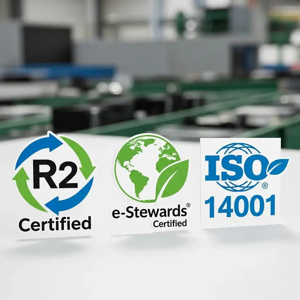 Close-up of e-waste recycling certification logos, illustrating the importance of responsible computer hardware recycling