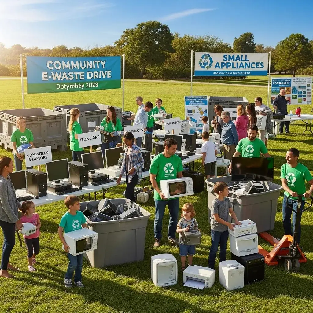 Community members participating in an e-waste collection event with various electronic items
