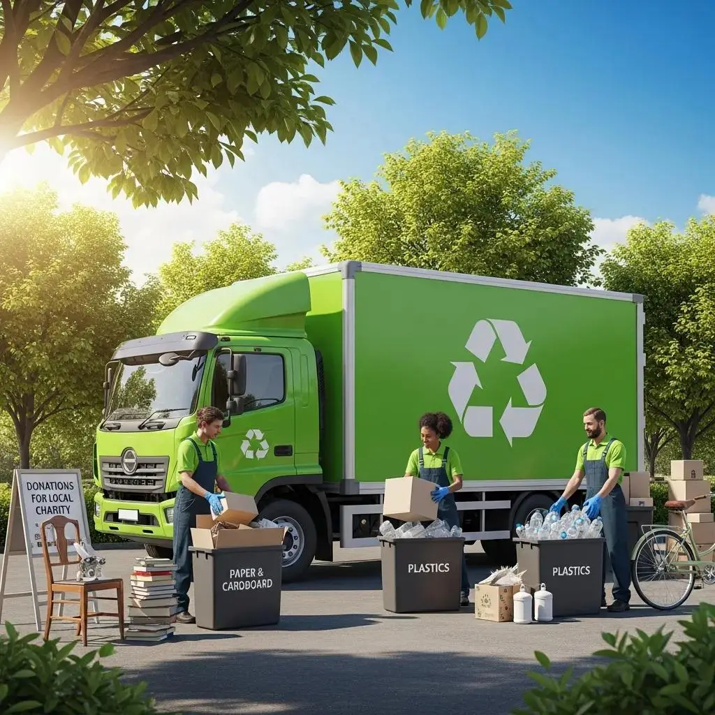 Eco-friendly junk removal team sorting recyclable materials, promoting sustainability and community impact