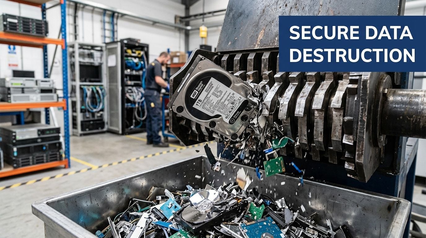 A mechanical shredder destroys a 1TB hard drive as part of a secure data destruction service.