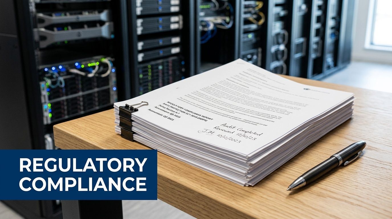 A stack of compliance report documents with a pen resting on a wooden desk in a server room.