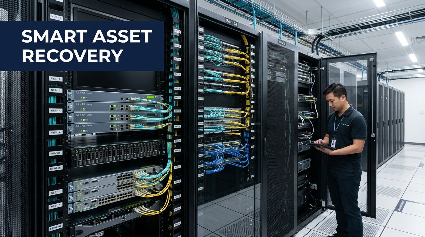 A technician inspects server racks in a modern data center as part of an asset recovery process.