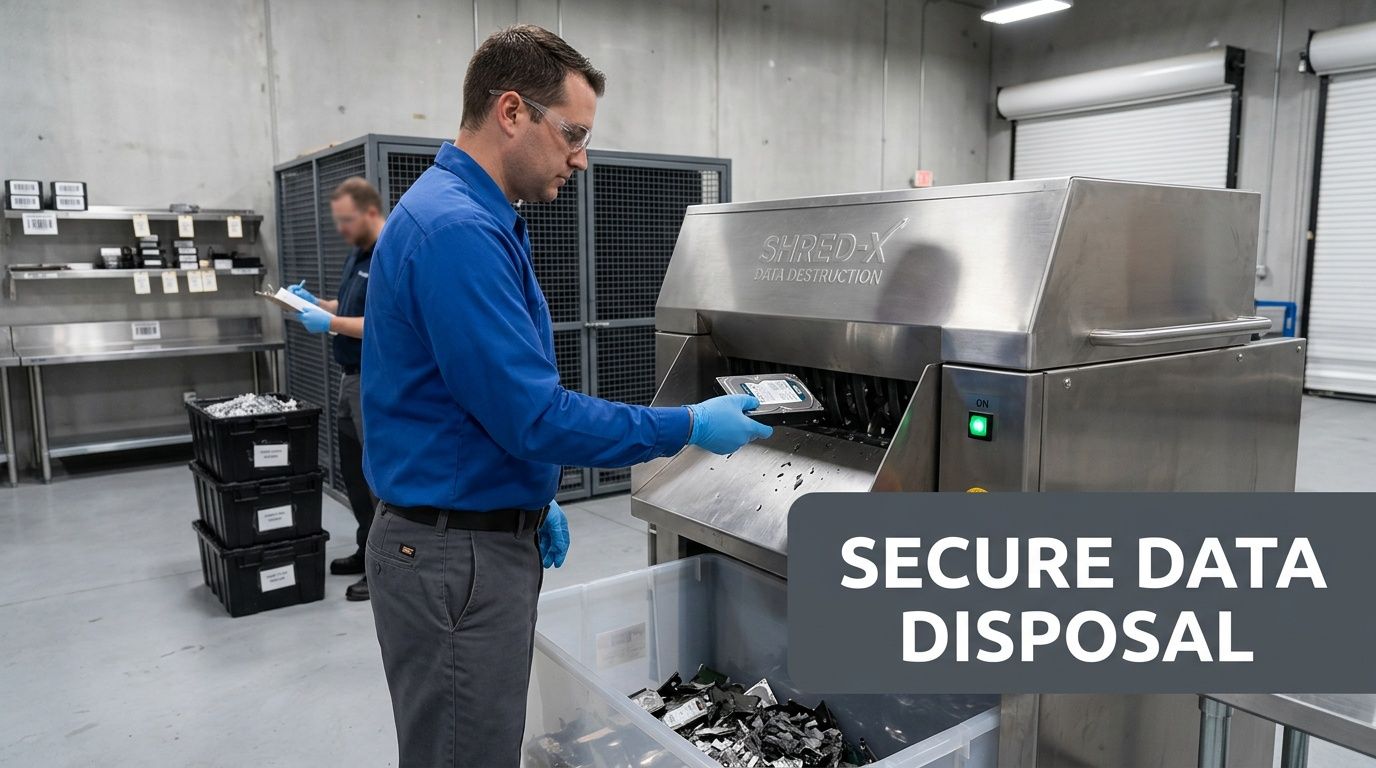 A technician wearing protective gear destroys a hard drive using a professional data destruction shredding machine.