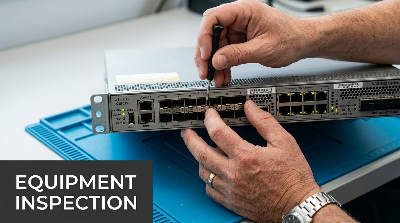 A technician carefully inspects and services a Cisco NCS 540 series networking equipment device with a screwdriver.