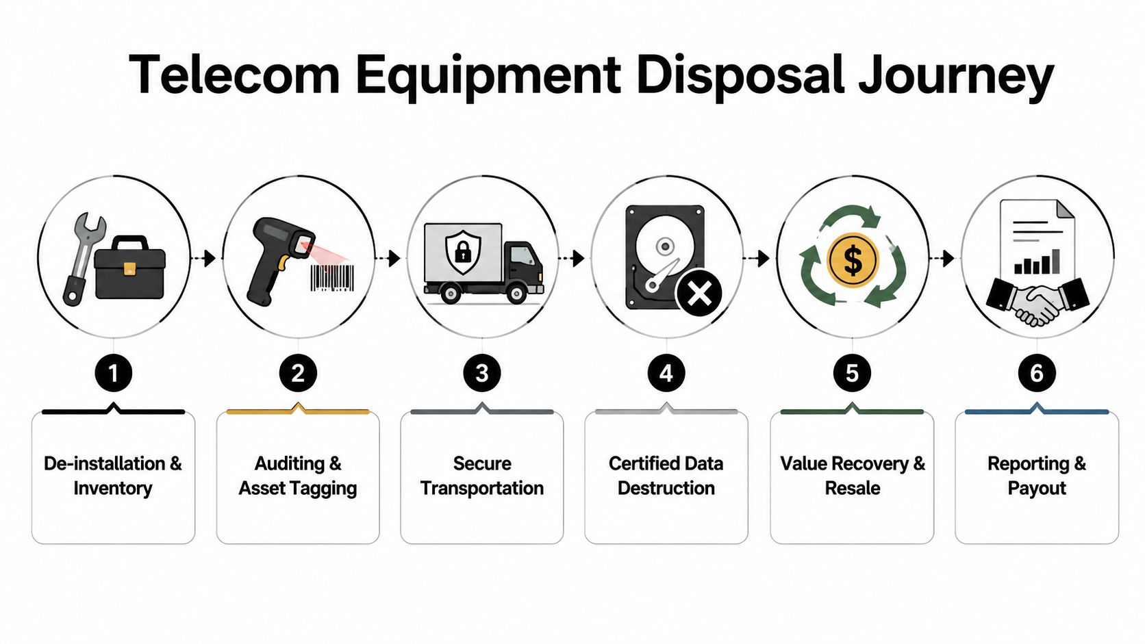 A diagram illustrating the six-step process for telecom equipment disposal, including inventory, secure transportation, and data destruction.