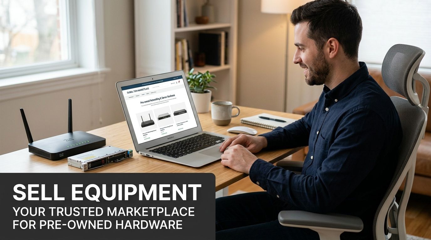 A professional man sitting at a desk using a laptop to browse a pre-owned networking hardware marketplace.