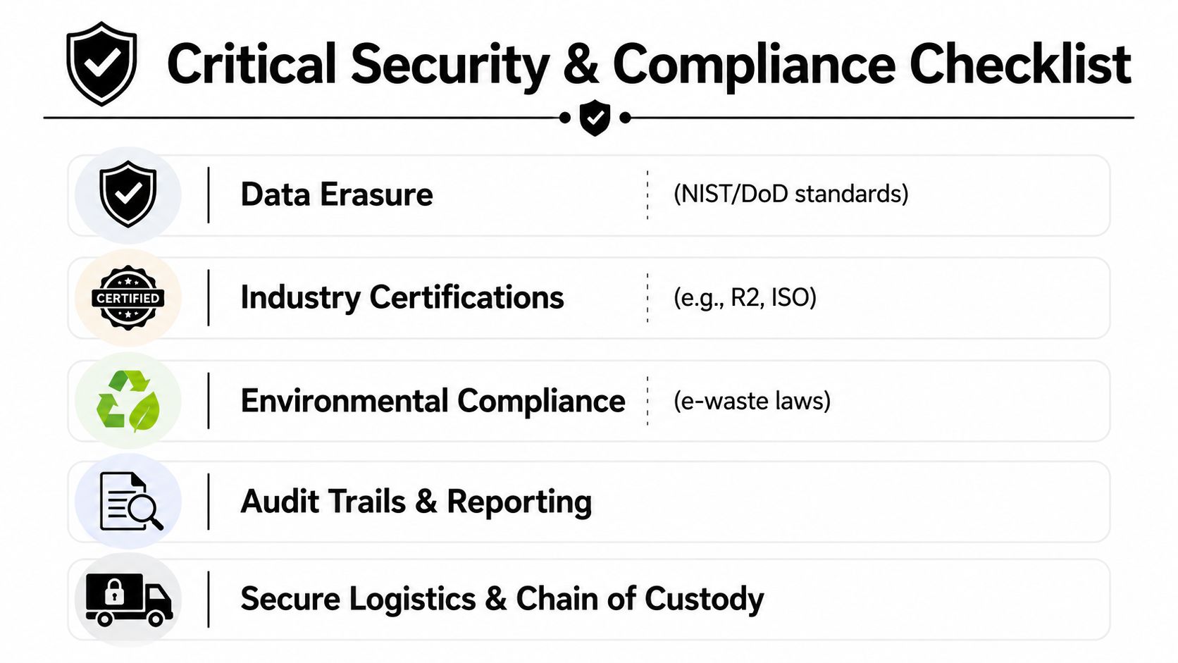 A checklist infographic outlining critical security and compliance standards for professional equipment disposal and data management.
